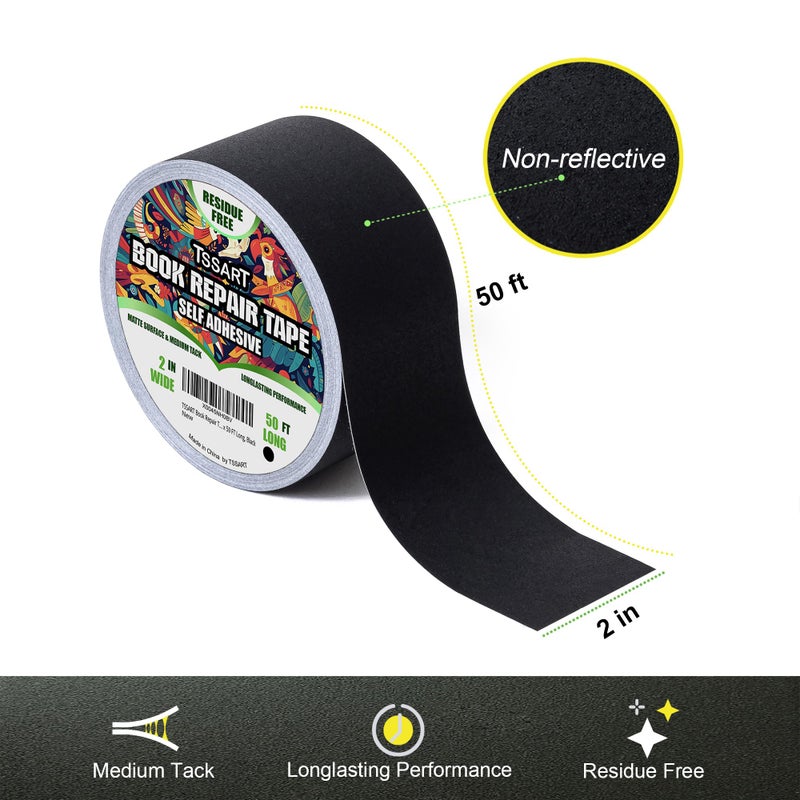 TSSART Book Repair Tape - Self Adhesive Matte Book Binding Tape for Reinforcing Protecting, and Covering Mending Books Old Books - 2 Inch Wide x 50 FT Long, Black - Image 2